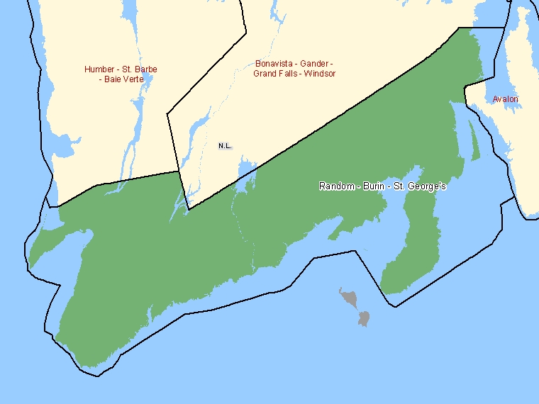 Map: Random - Burin - St. George's, Federal electoral district (shaded in green), Newfoundland and Labrador