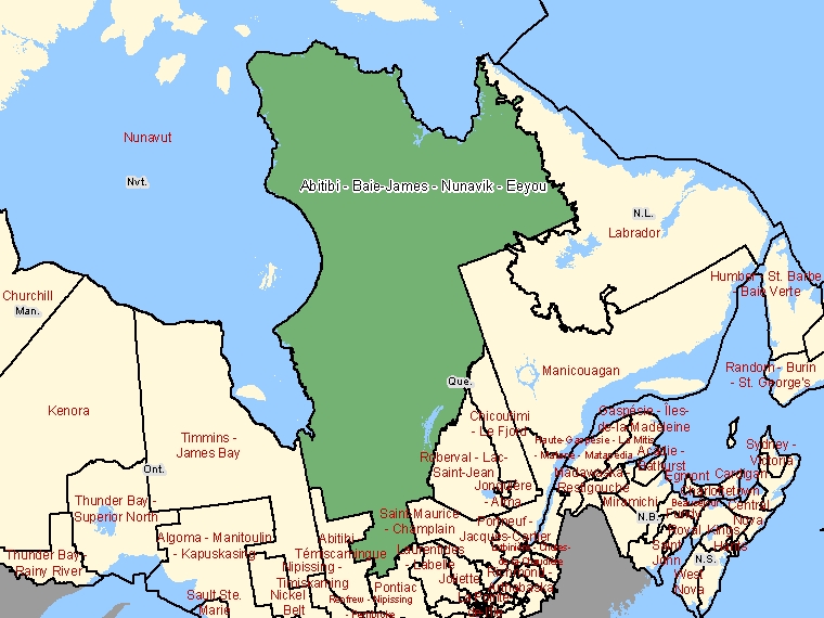 Map: Abitibi - Baie-James - Nunavik - Eeyou, Federal electoral district (shaded in green), Quebec