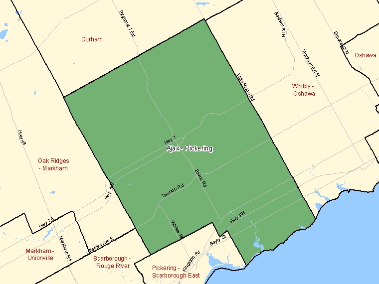 Map: Ajax - Pickering, Federal electoral district (shaded in green), Ontario