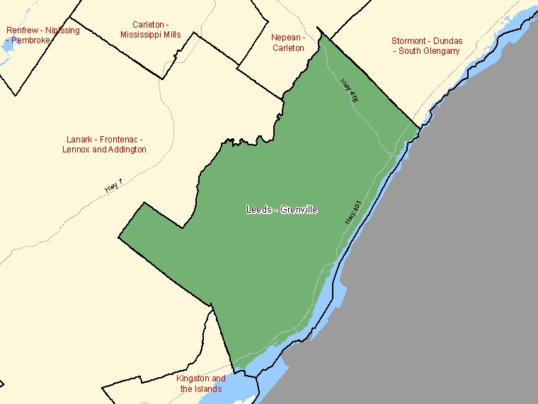 Map: Leeds - Grenville, Federal electoral district (shaded in green), Ontario