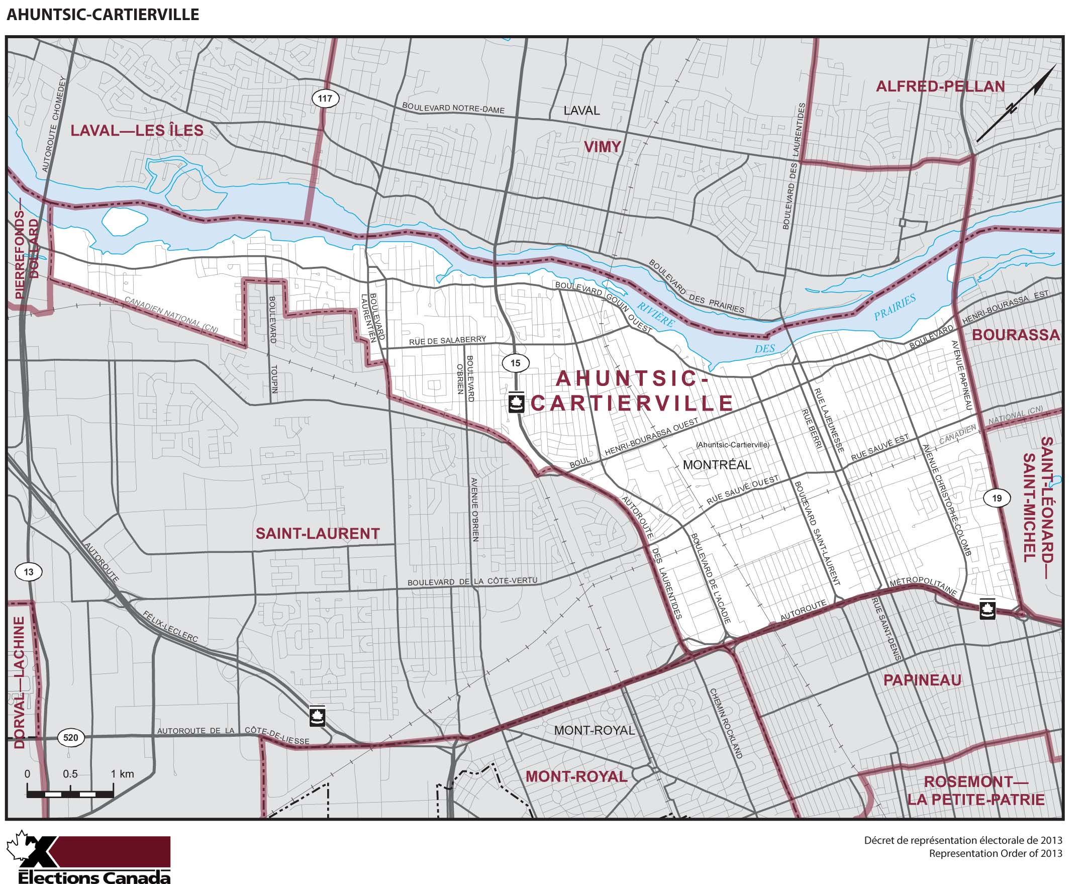 Map: Ahuntsic-Cartierville, Federal electoral district, 2013 Representation Order (in white), Quebec