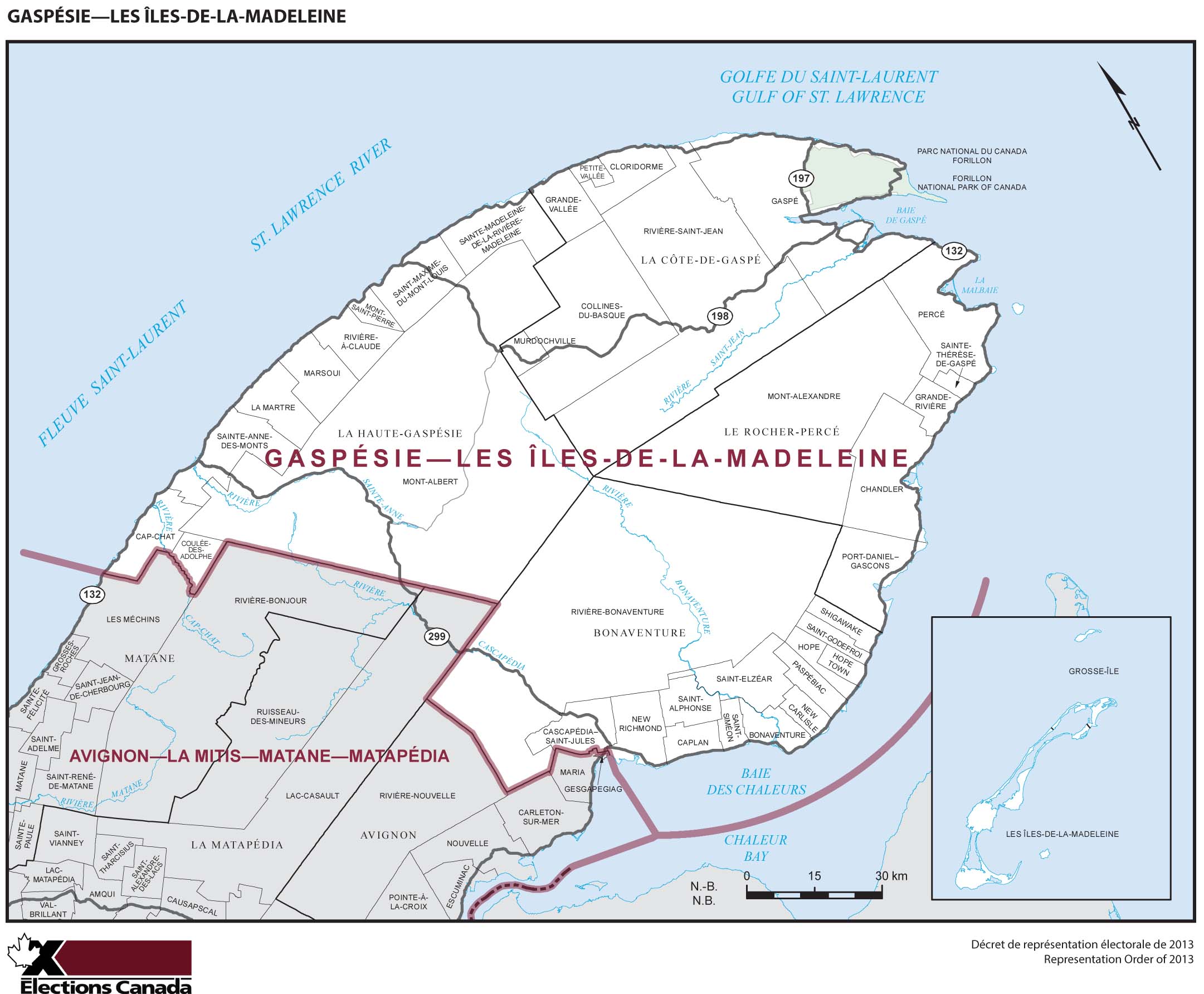 Map: Gaspésie--Les Îles-de-la-Madeleine, Federal electoral district, 2013 Representation Order (in white), Quebec
