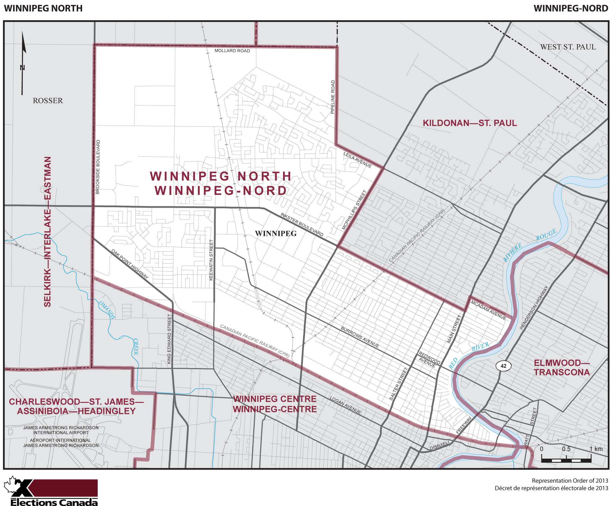 Map: Winnipeg North, Federal electoral district, 2013 Representation Order (in white), Manitoba