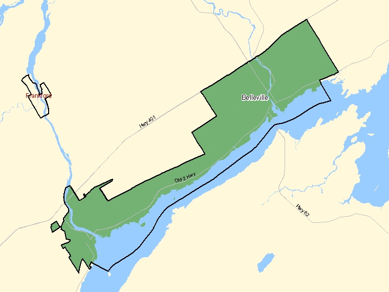 Map: Belleville, Population Centre (shaded in green), Ontario