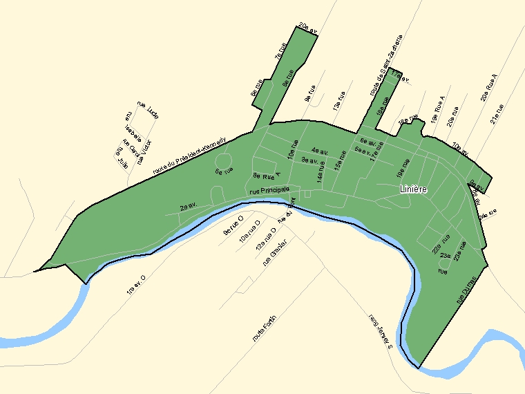 Map: Linière, Population Centre (shaded in green), Quebec