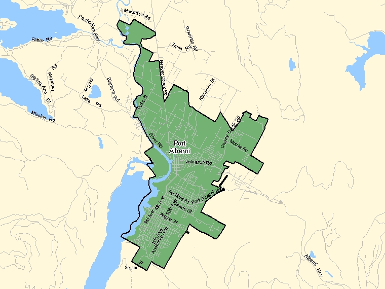 Map: Port Alberni, Population Centre (shaded in green), British Columbia