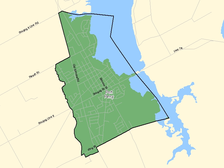 Map: Port Perry, Population Centre (shaded in green), Ontario