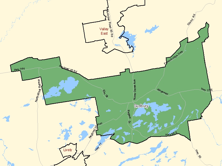 Map: Sudbury, Population Centre (shaded in green), Ontario