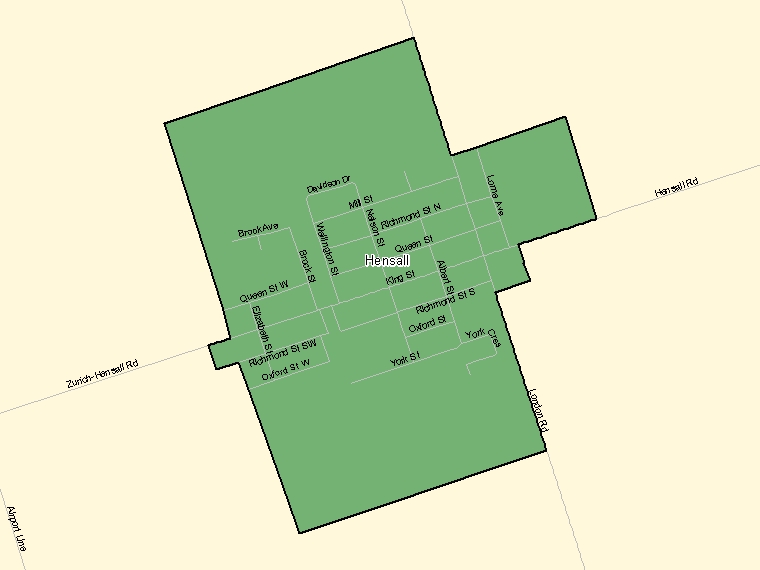 Map: Hensall, Population Centre (shaded in green), Ontario