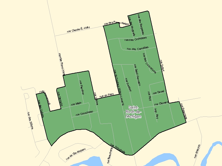 Map: Saint-Roch-de-l'Achigan, Population Centre (shaded in green), Quebec