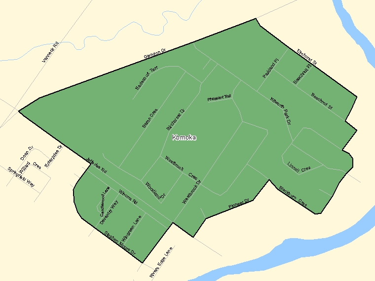 Map: Komoka, Population Centre (shaded in green), Ontario